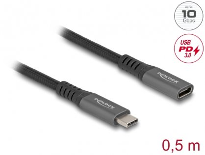 Cablu prelungitor USB 3.2 type C 10Gb/100W T-M 0.5m brodat, Delock 80021